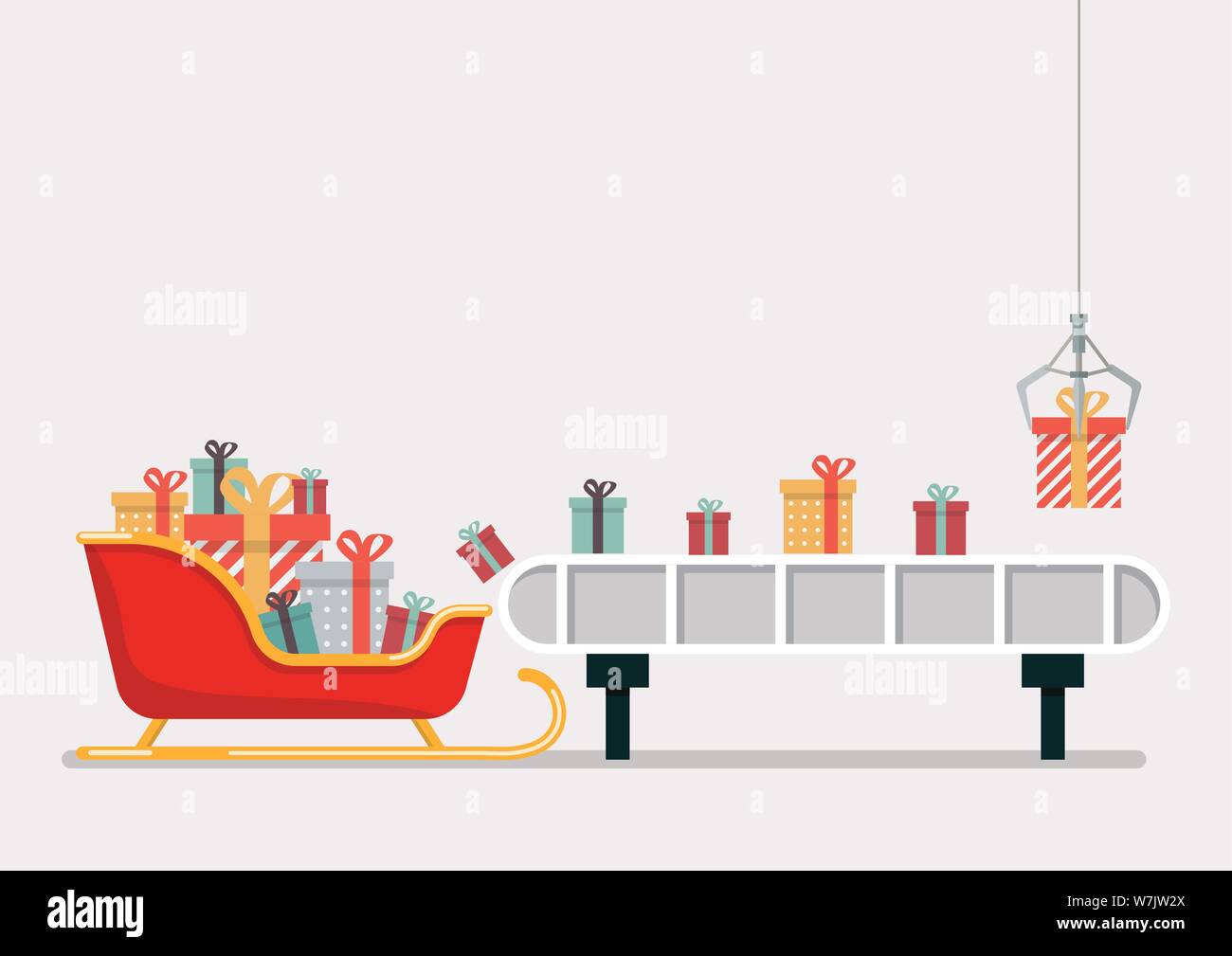 Robotic claw put a gift box on the engine belt. Vector illustration Stock Vector