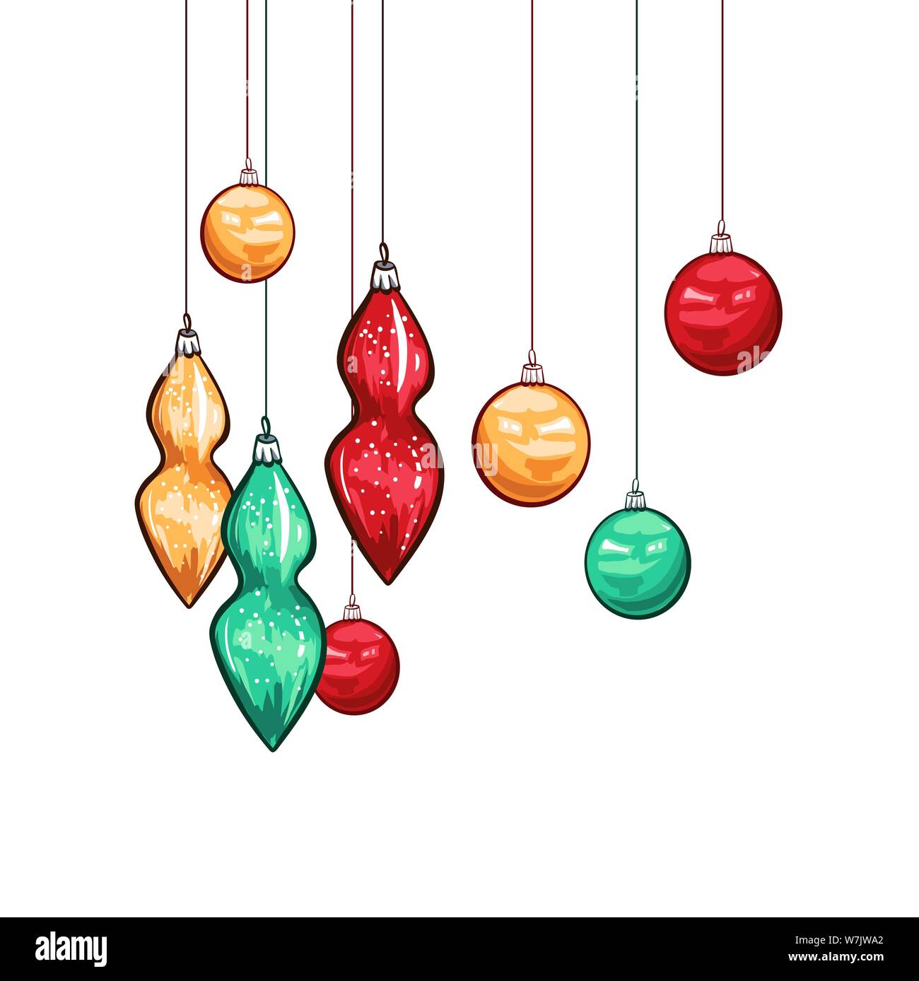 Christmas baubles hand drawn vector illustration. Colorful glass balls  hanging on threads, traditional decorative toys. Winter season holiday  celebration symbol. Xmas festive accessories, garland Stock Vector Image &  Art - Alamy