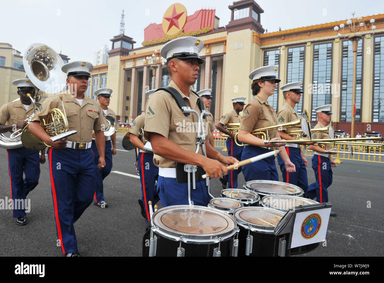 Members of the America's Band of the United States Marine Corps (USMC) perform during the 5th Nanchang Military Tattoo in Nanchang city, east China's Stock Photo