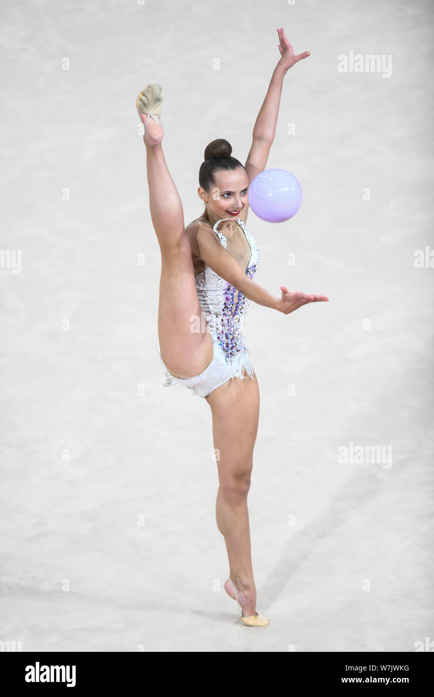 Lima, Peru. 2nd Aug, 2019. CAMILLA FEELEY from the USA competes in the individual All-Around with the ball during the competition held in the Polideportivo Villa El Salvador. Credit: Amy Sanderson/ZUMA Wire/Alamy Live News Stock Photo