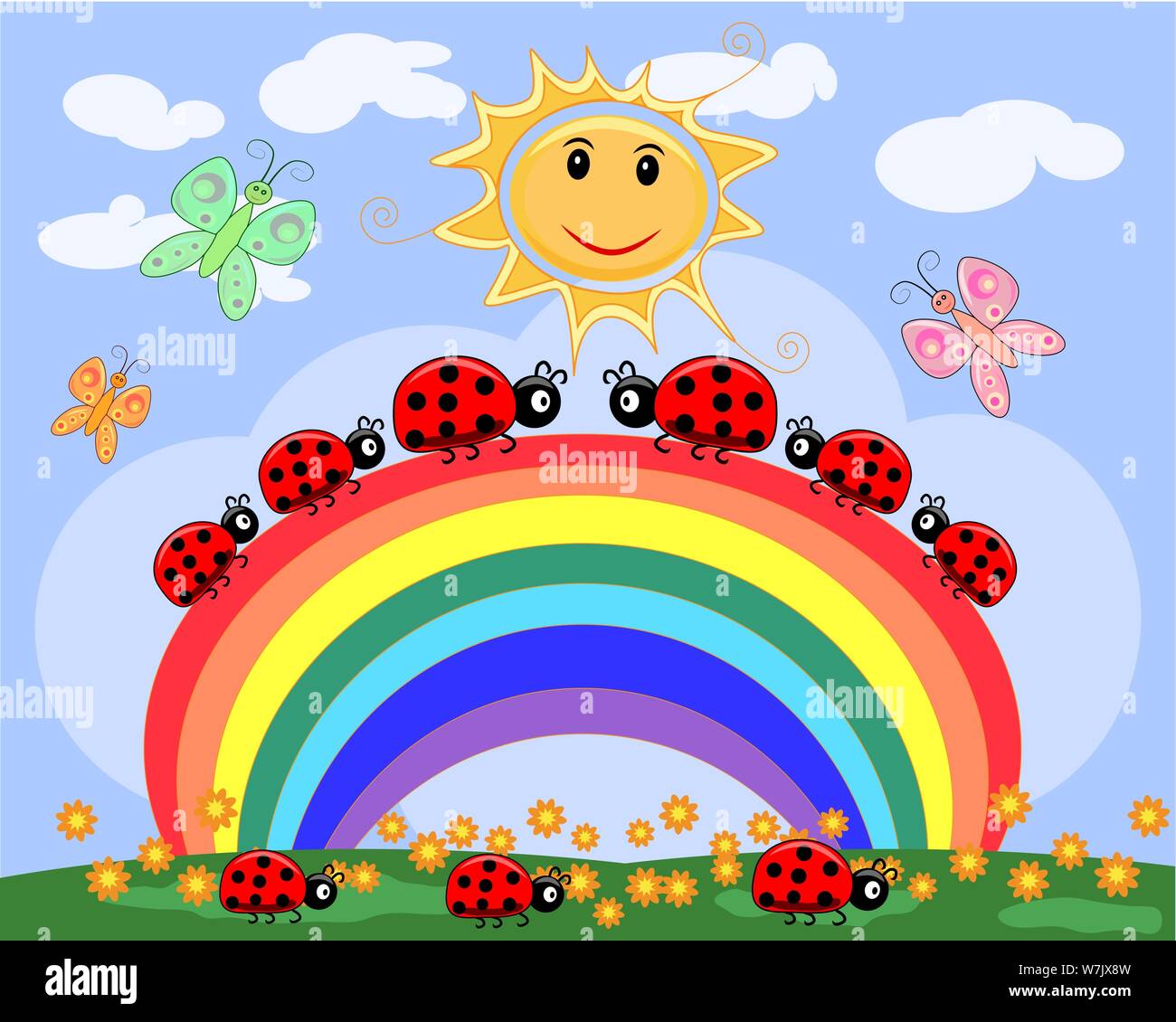 A family of ladybirds creeps along a seven-color rainbow under the sun on a spring, summer day, butterfly, bee Stock Vector
