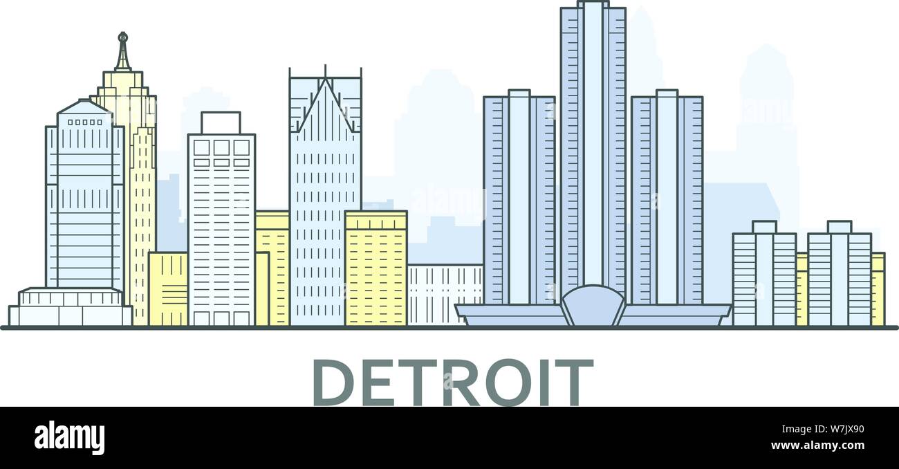 Detroit cityscape, Michigan - city panorama of Detroit, skyline of downtown Stock Vector