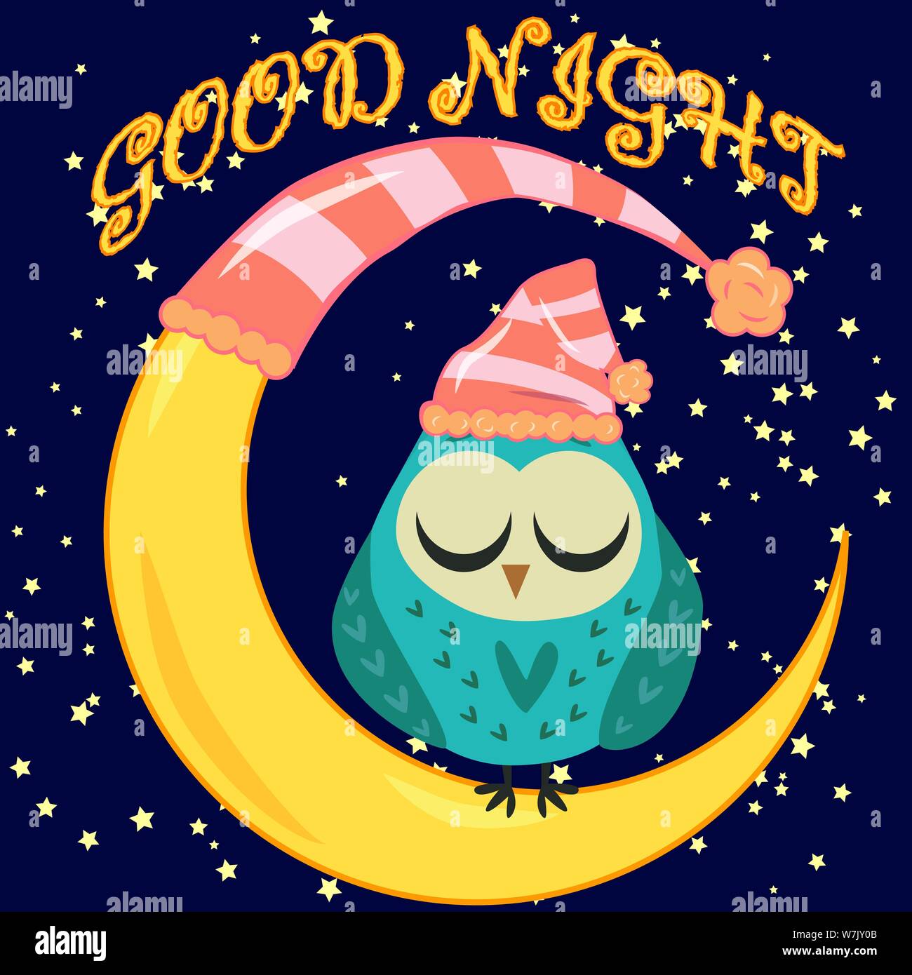 Good night. Postcard with a dormant crescent, a cute cartoon owl and text  Stock Vector Image & Art - Alamy