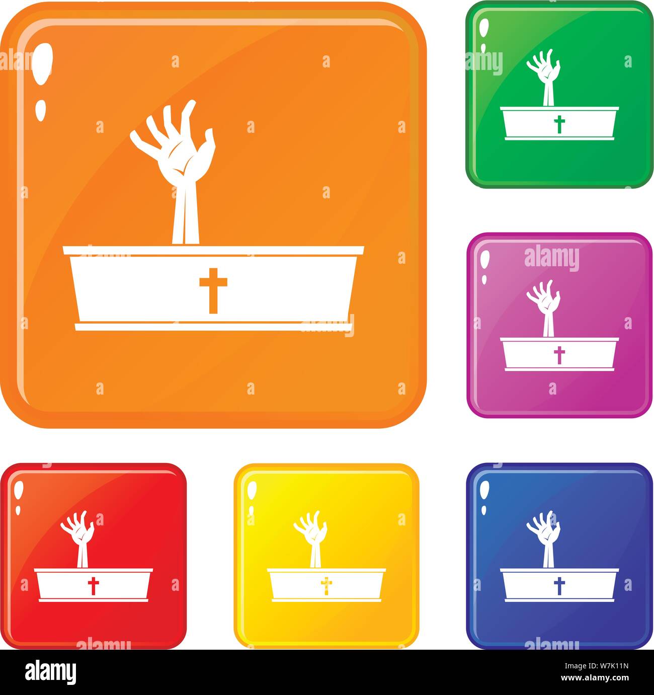 Zombie hand coming out of his coffin icons set vector color Stock Vector