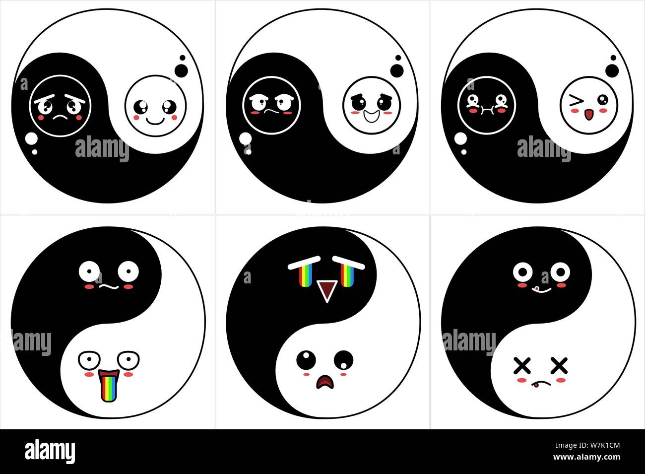 Set yin yang with funny cute kawaii emoticons vector EPS 10 file. Stock Vector