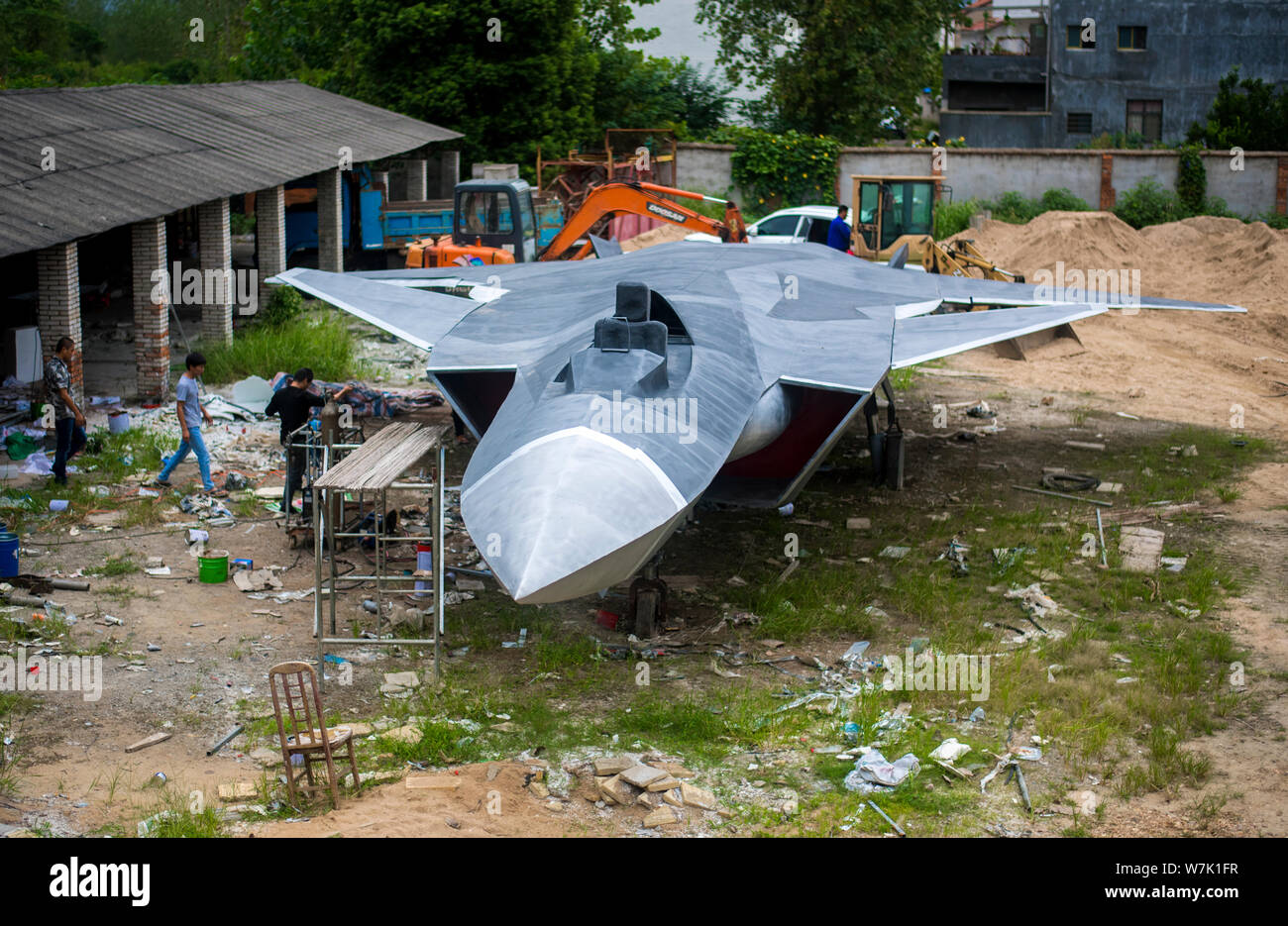 The life-size model of the J-20 stealth fighter aircraft of Chinese PLA's (People's Liberation Army) Air Force is being built by Chinese model airplan Stock Photo