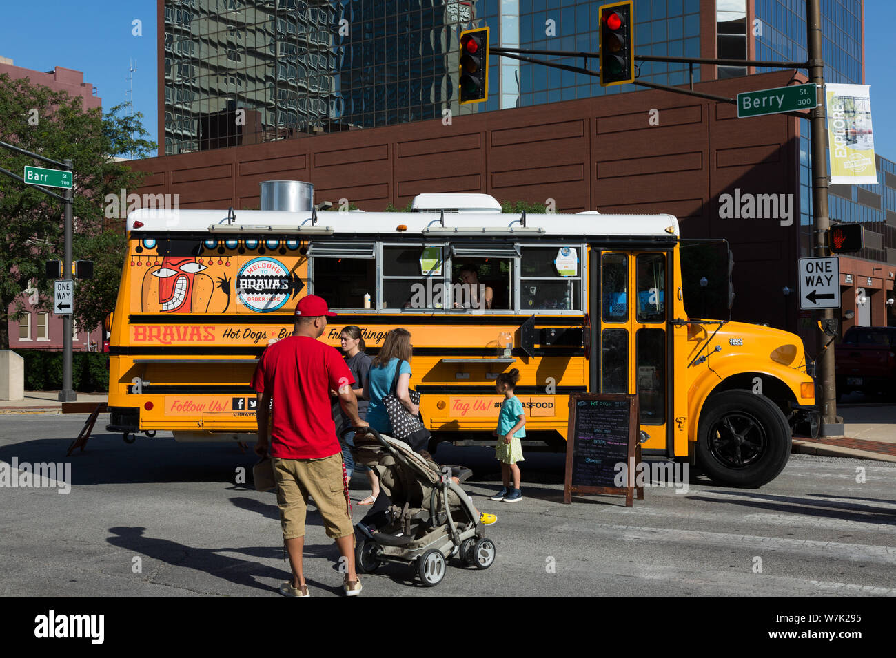 A former school bus serves as a Bravas food truck at Fort Wayne's