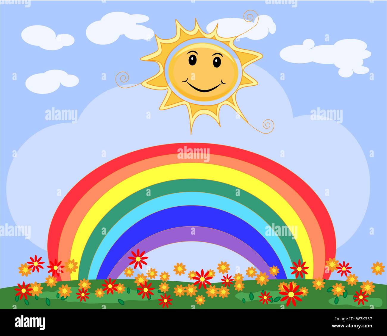 Landscape, Greeting Card With Smiling Sun, Seven-colored Rainbow, A 