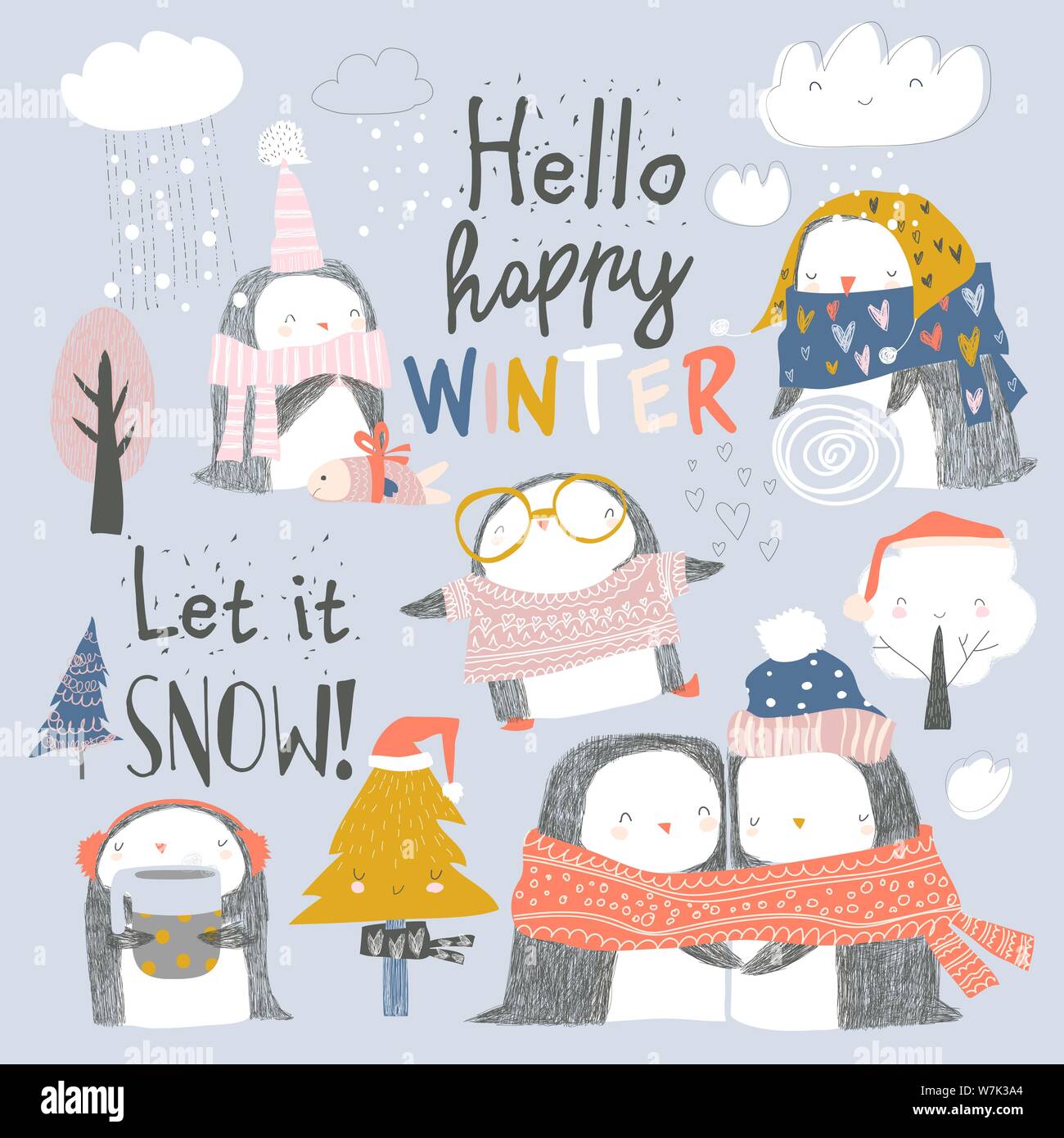 Set of cute penguin characters in winter clothes Stock Vector Image ...