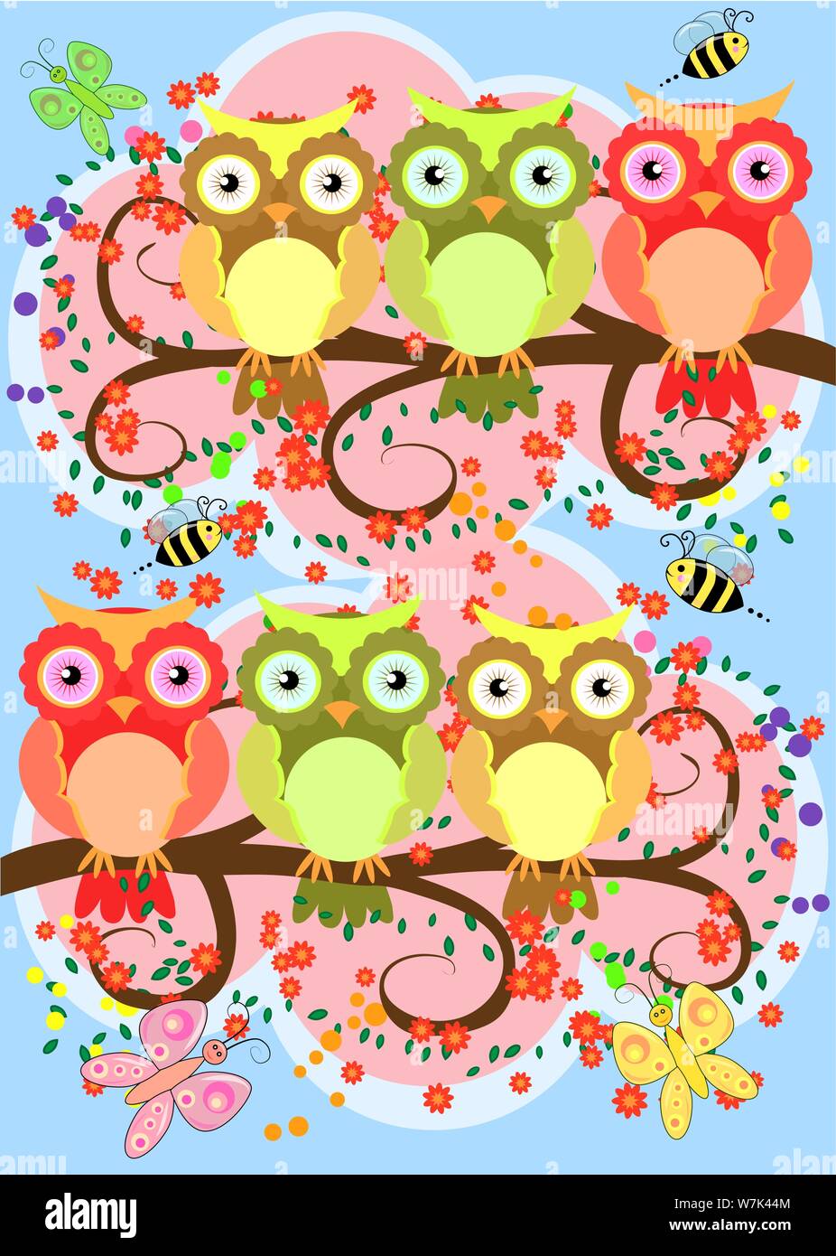 A happy family of owls on flowering tree branches, moms and children ...