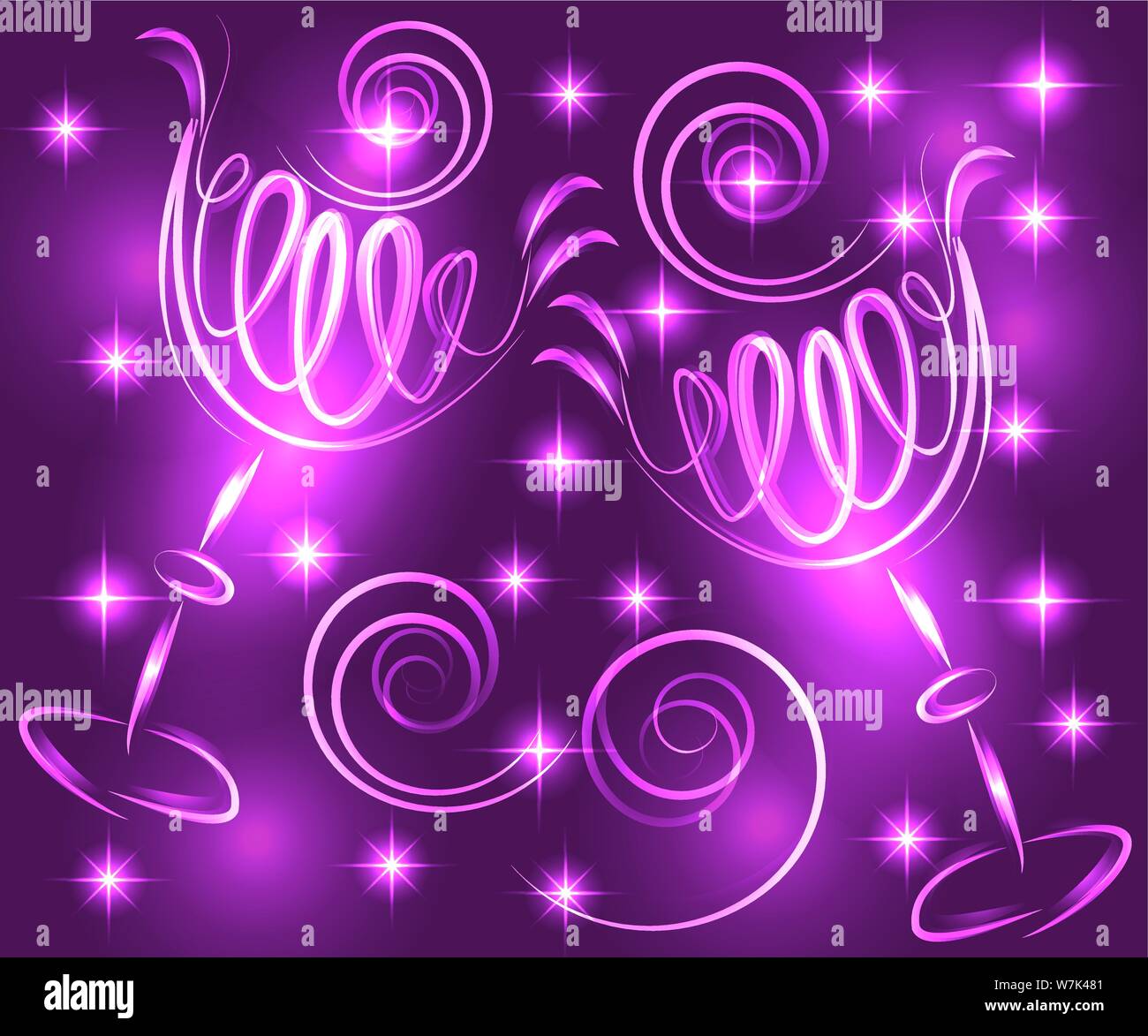 Two glasses with a drink, on a lilac background with neon lights and effects Stock Vector