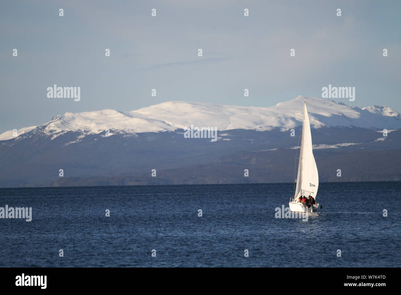 Sailboat sailing on the Beagle Channel, Ushuaia, Tierra del Fuego, Argentina. July 2019 Stock Photo