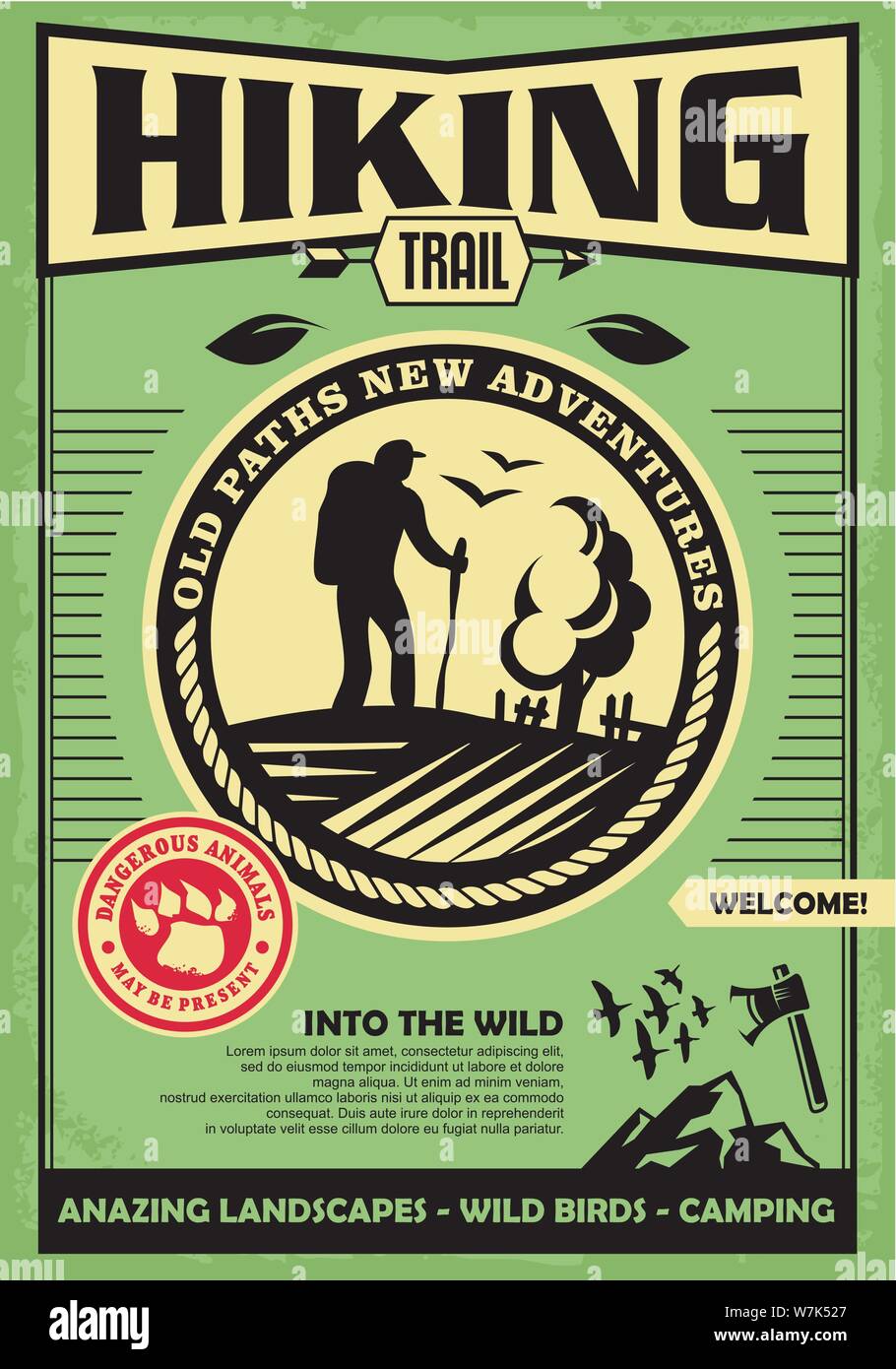 Hiking trail promotional retro poster design. Nature, wilderness and outdoor activities banner template. Stock Vector