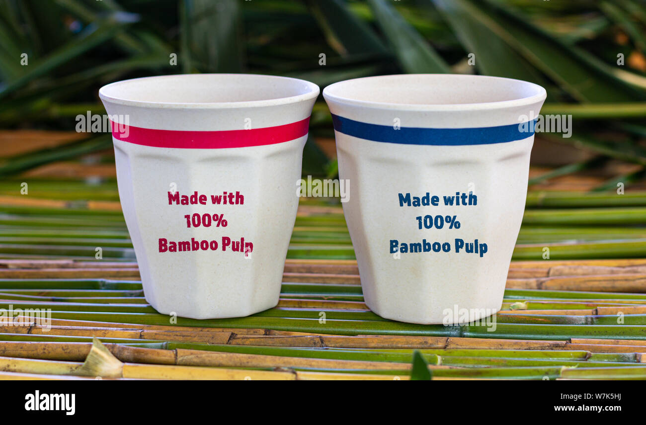 two eco reusable cups made from 100 recycled bamboo pulp on bamboo