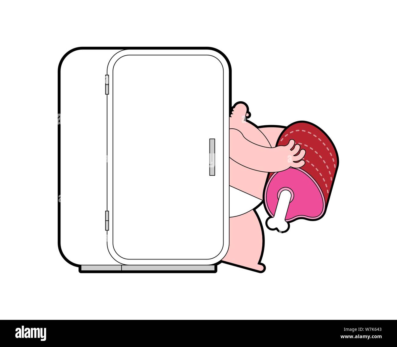 Fat man comes out of fridge with meat. vector illustration Stock Vector