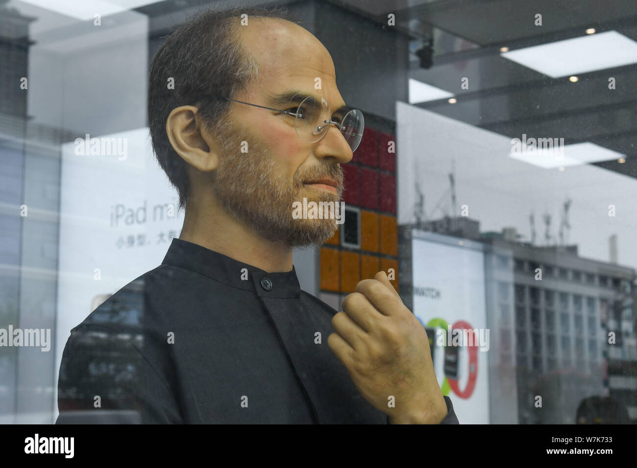 A silicone sculpture of deceased Apple CEO Steve Jobs is on display at