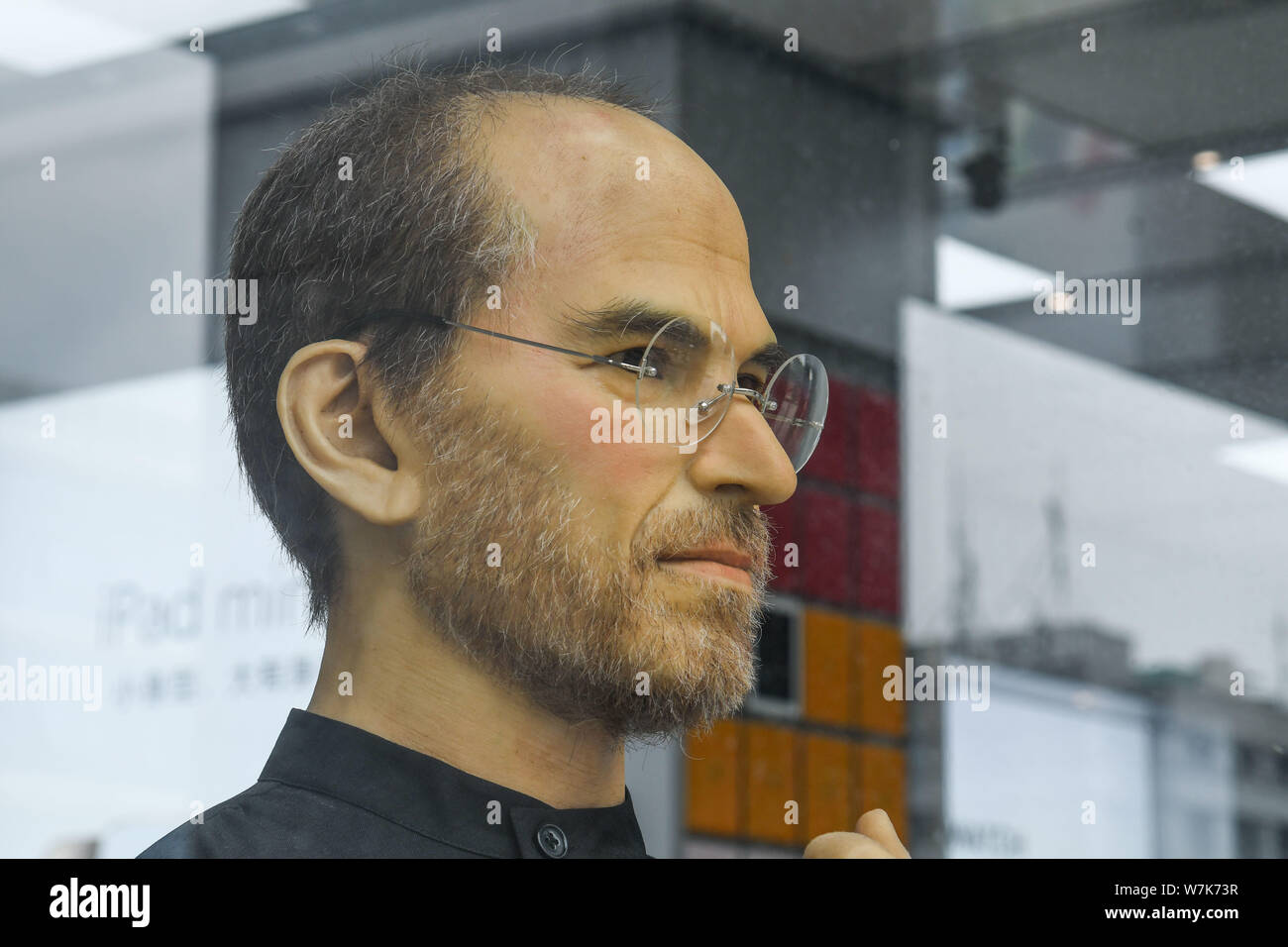 A silicone sculpture of deceased Apple CEO Steve Jobs is on display at