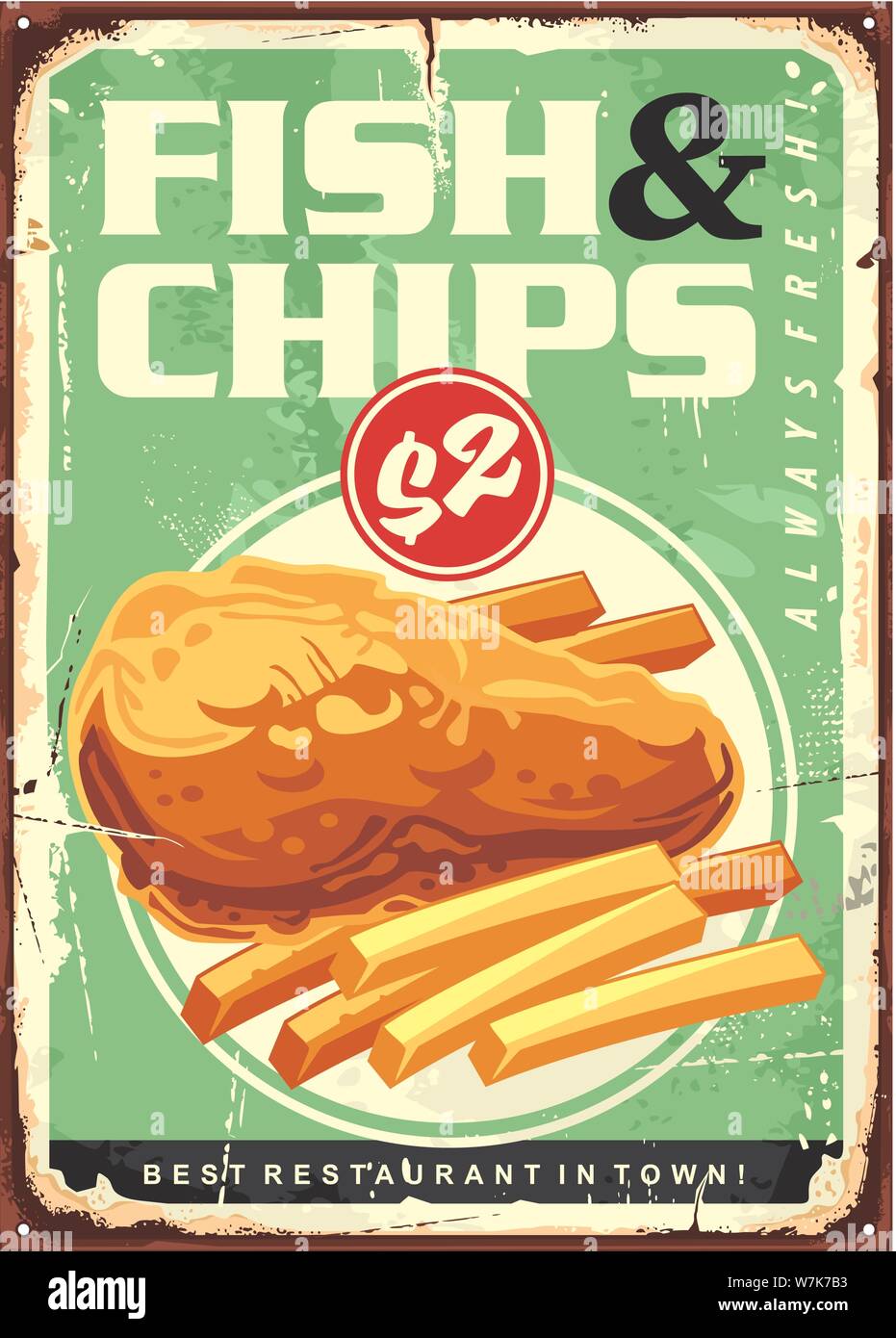 Fish and chips retro ad tin sign design. Fried fish fillet with fries vintage advertising. British traditional food vector illustration. Stock Vector