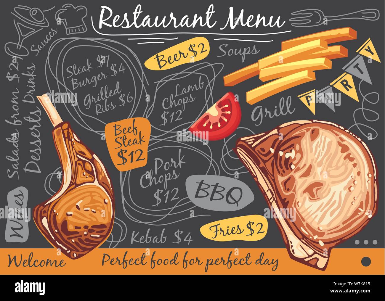 Blackboard restaurant menu with grilled pork loin chops, lamb chops