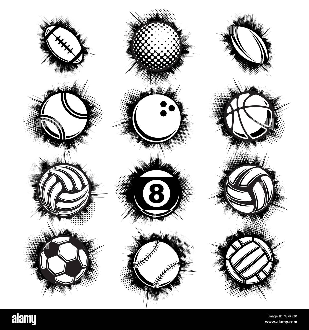 Set of different black sport balls isolated on white background Stock ...