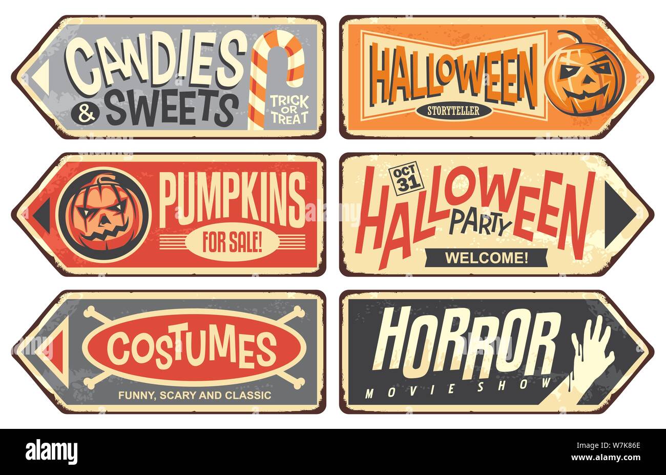 Halloween events retro signs collection. Halloween party, storyteller, horror movie show, pumpkins for sale, costumes, candies and sweets. Stock Vector