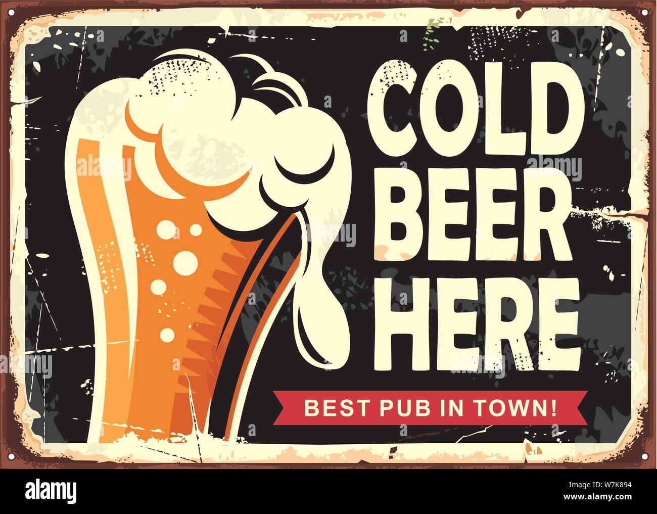 Pub sign with glass of beer. Cold beer here vintage poster design