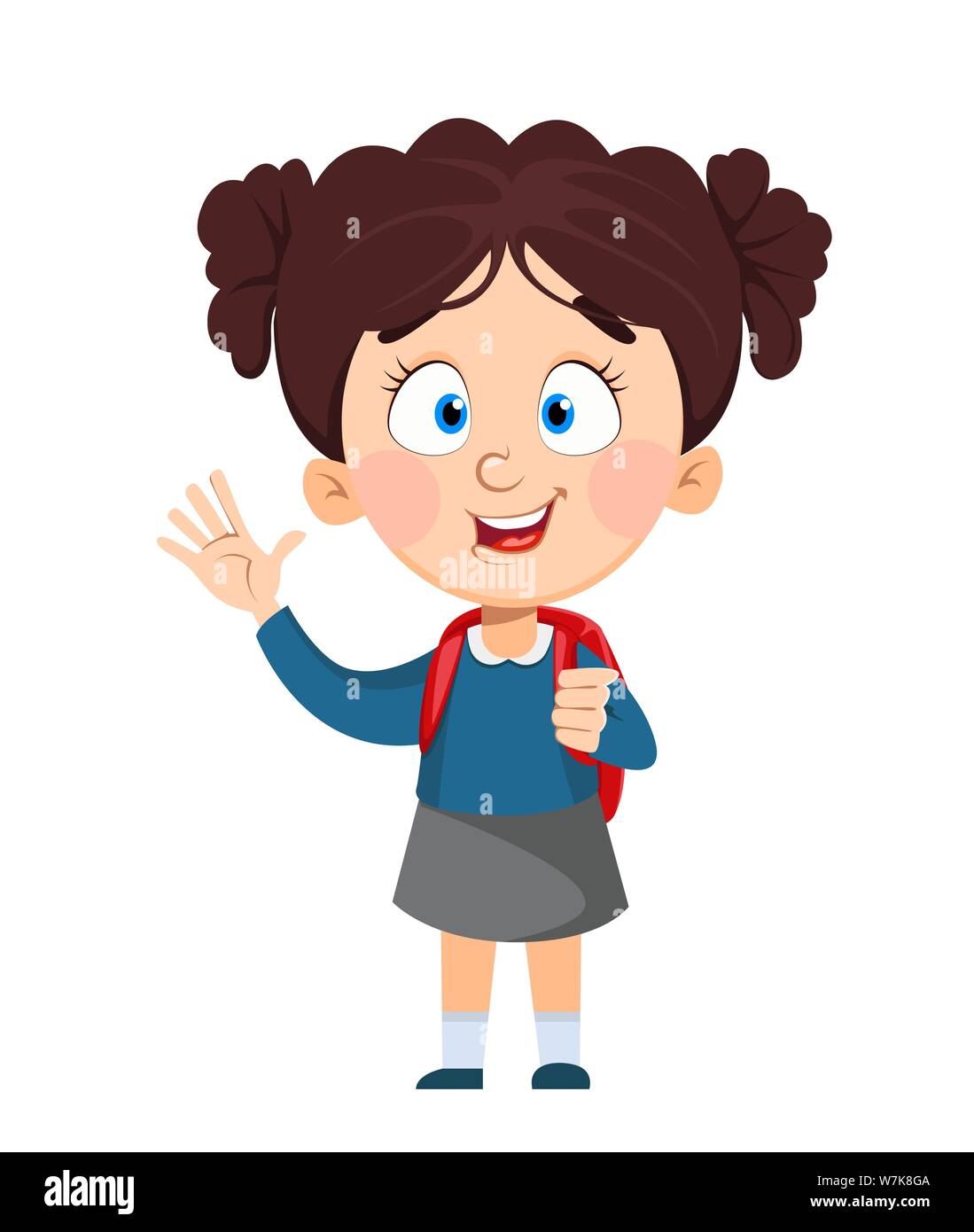 Back to school. Cute schoolgirl with rucksack waving hand. Funny kid cartoon  character. Vector illustration Stock Vector Image & Art - Alamy