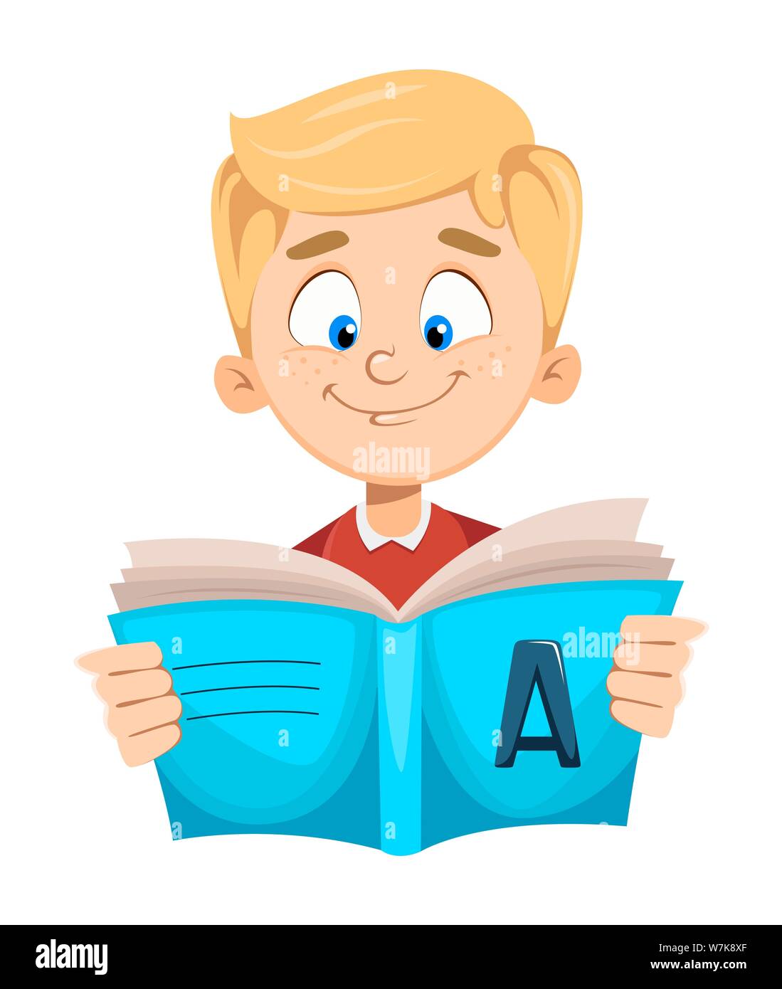 Back to school. Cute schoolboy reading book. Funny kid cartoon character.  Vector illustration Stock Vector Image & Art - Alamy