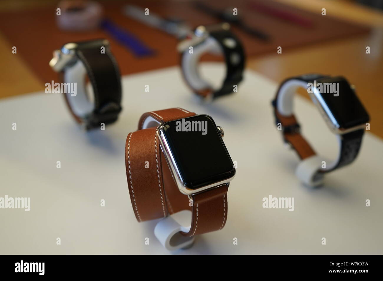 View of Apple Watch Series 3 on display at the Apple Store in the Sanlitun shopping area in Beijing, China, 22 September 2017.   Apple Inc's launch of Stock Photo