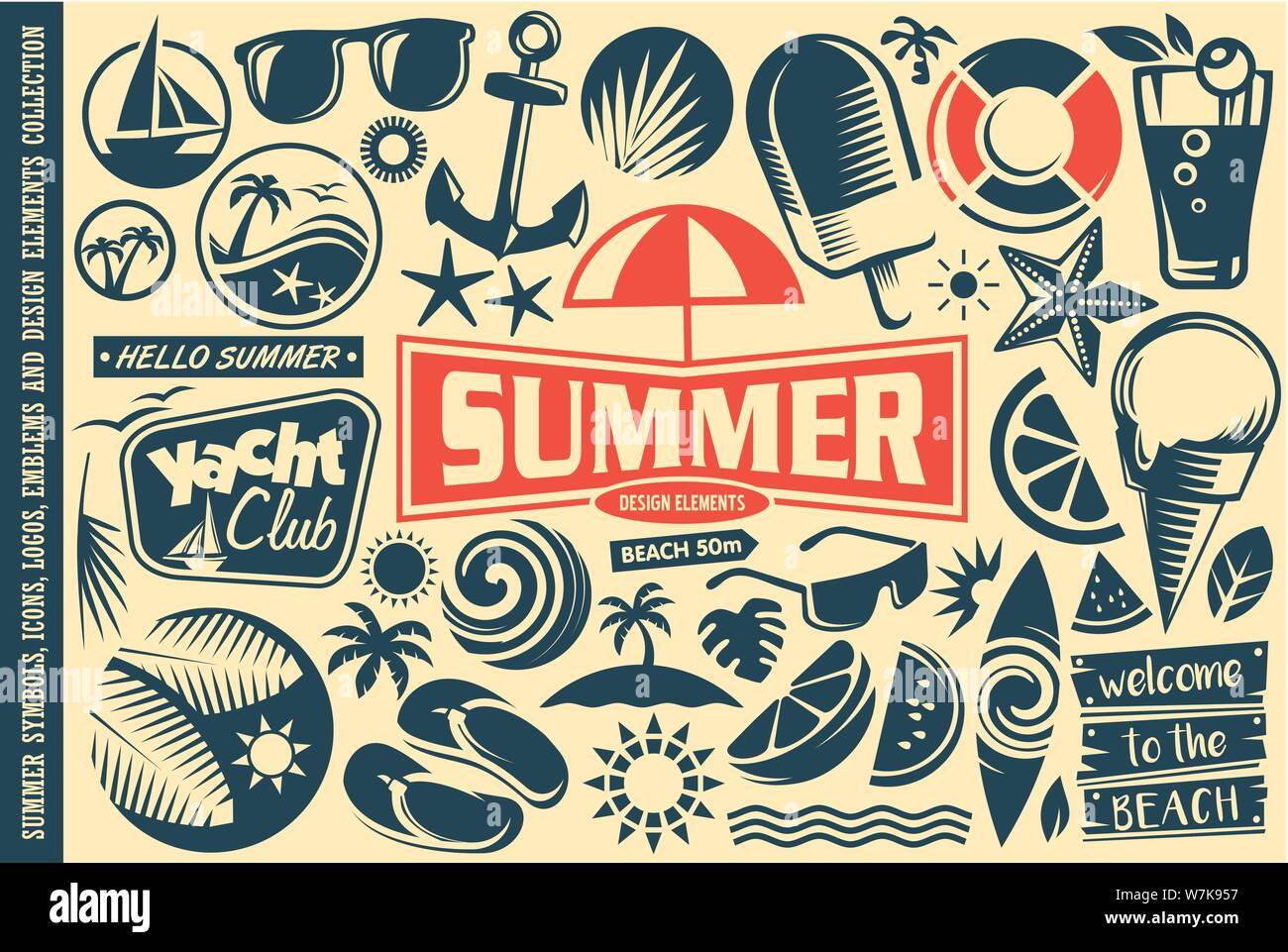 Summer design elements collection. Vector tropical icons, emblems
