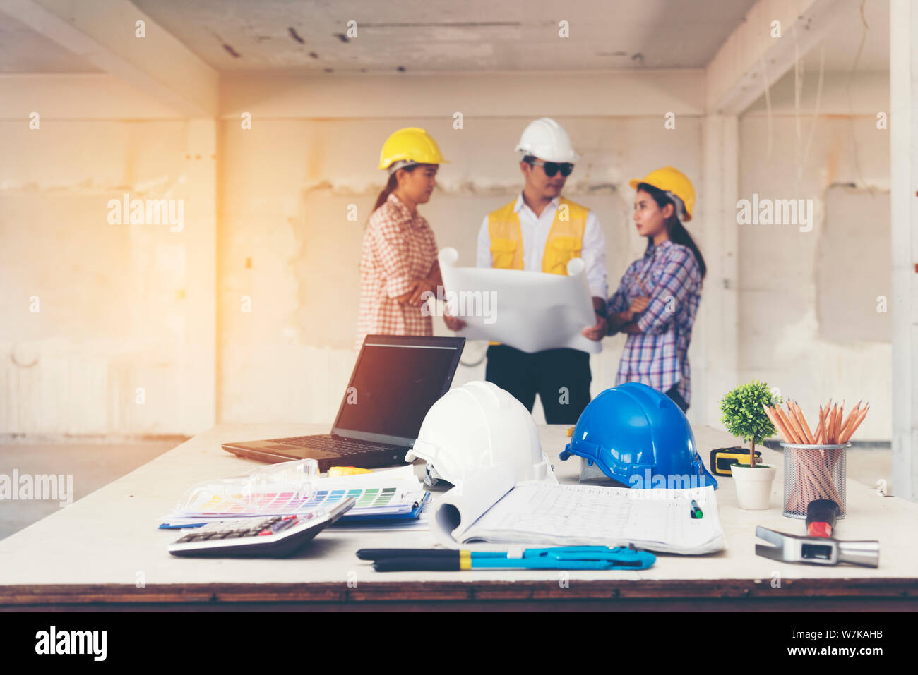 Asian team  engineer working in construction site. construction concept Stock Photo