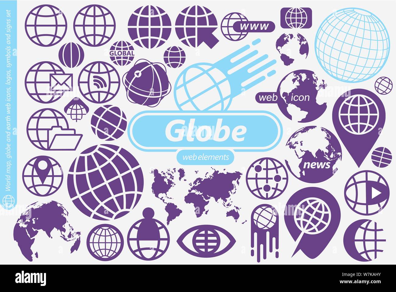 Globe, world map and earth symbols, icons, logos and design elements collection. Modern web icons set for mobile and web apps. Stock Vector