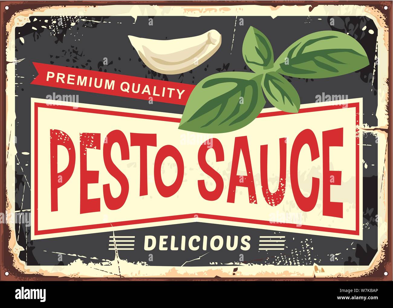 Pesto sauce vintage sign. Delicious food ingredient with basil and garlic. Vector image. Stock Vector