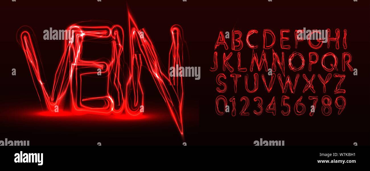 Red veins style vector latin alphabet. Halloween letters and numbers set. Terrible Font for events, promotions, logos, banner, monogram and poster Stock Vector