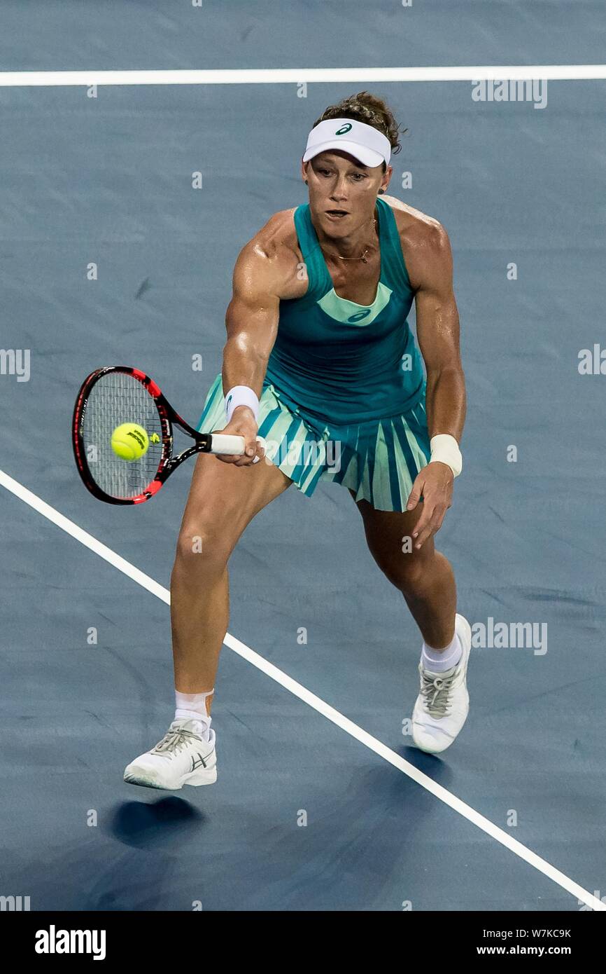 Samantha Stosur of Australia returns a shot to Han Xinyun of China in their first round match during the WTA Guangzhou International Women's Open 2017 Stock Photo