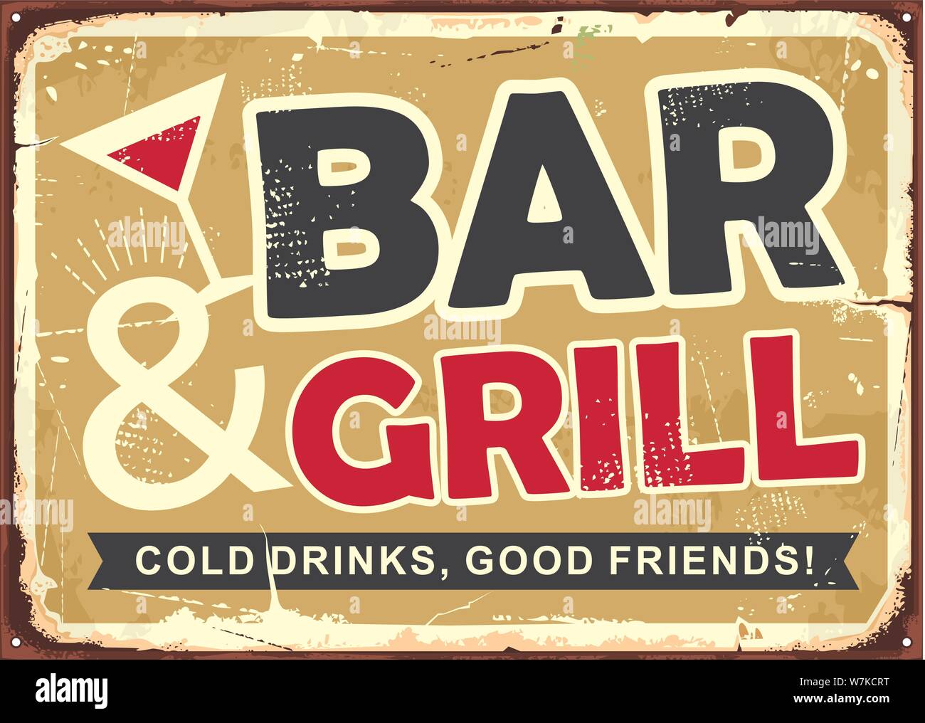 Bar and grill retro tin sign design. Cold drinks and good friends retro