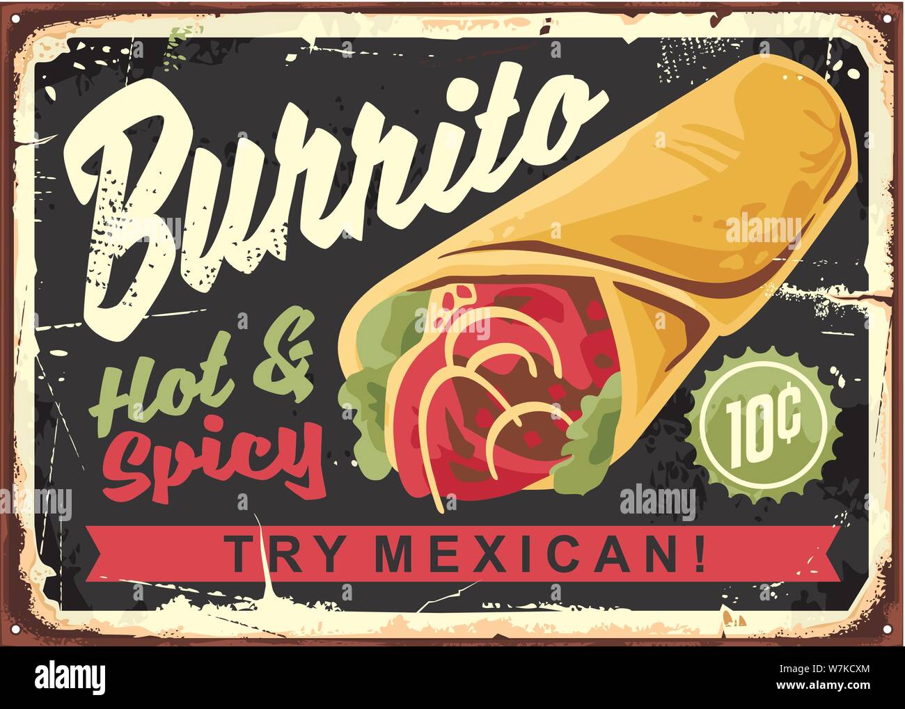 Burrito vintage restaurant sign. Mexican food retro advertising. Vector graphic illustration. Stock Vector