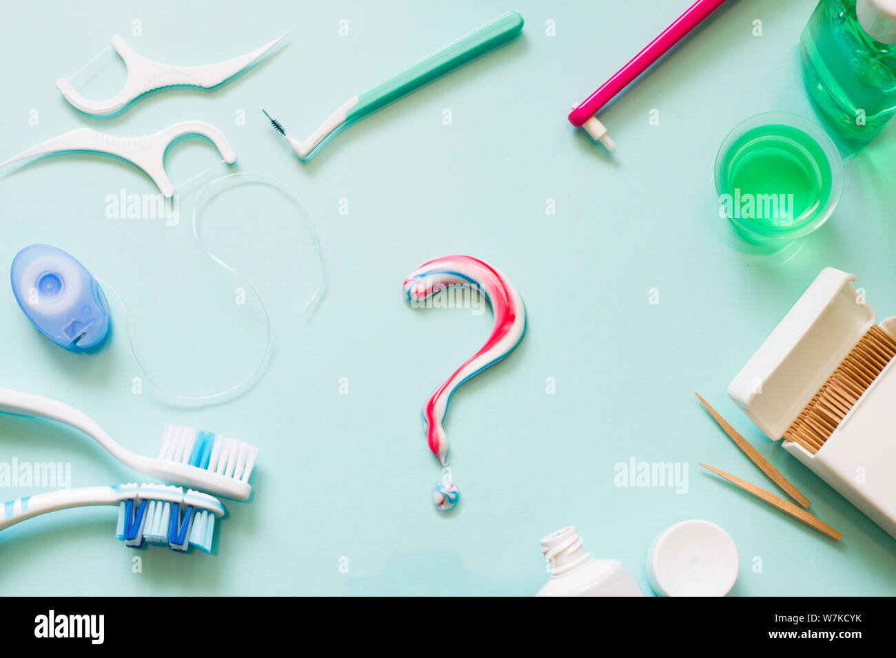 Teeth care frame concept with manual toothbrushes and oral hygiene products Stock Photo