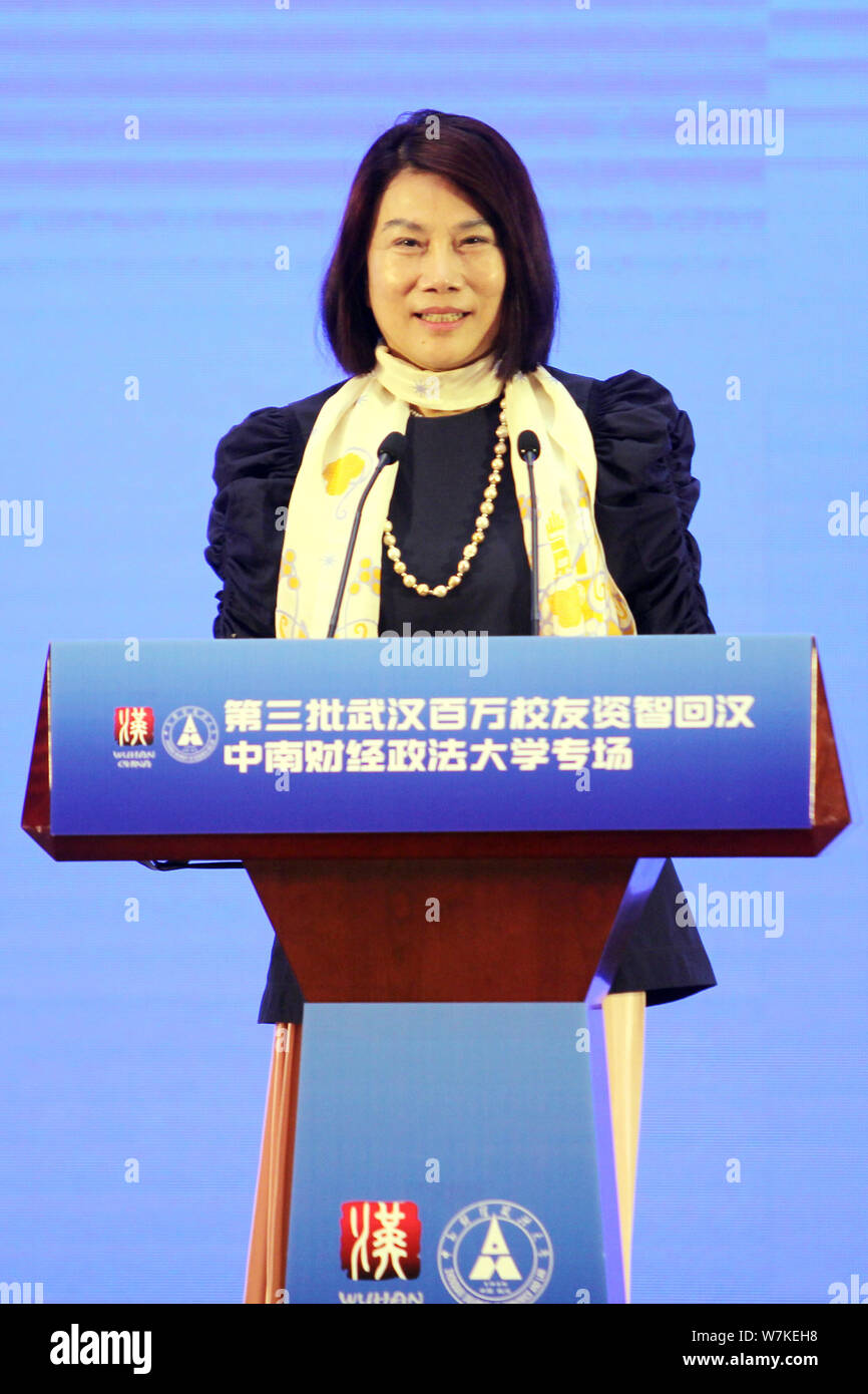 Dong Mingzhu, Chairwoman and President of Gree Electric Appliances Inc., delivers a speech during the 'Wise and Talented Alumni back to Wuhan' event a Stock Photo
