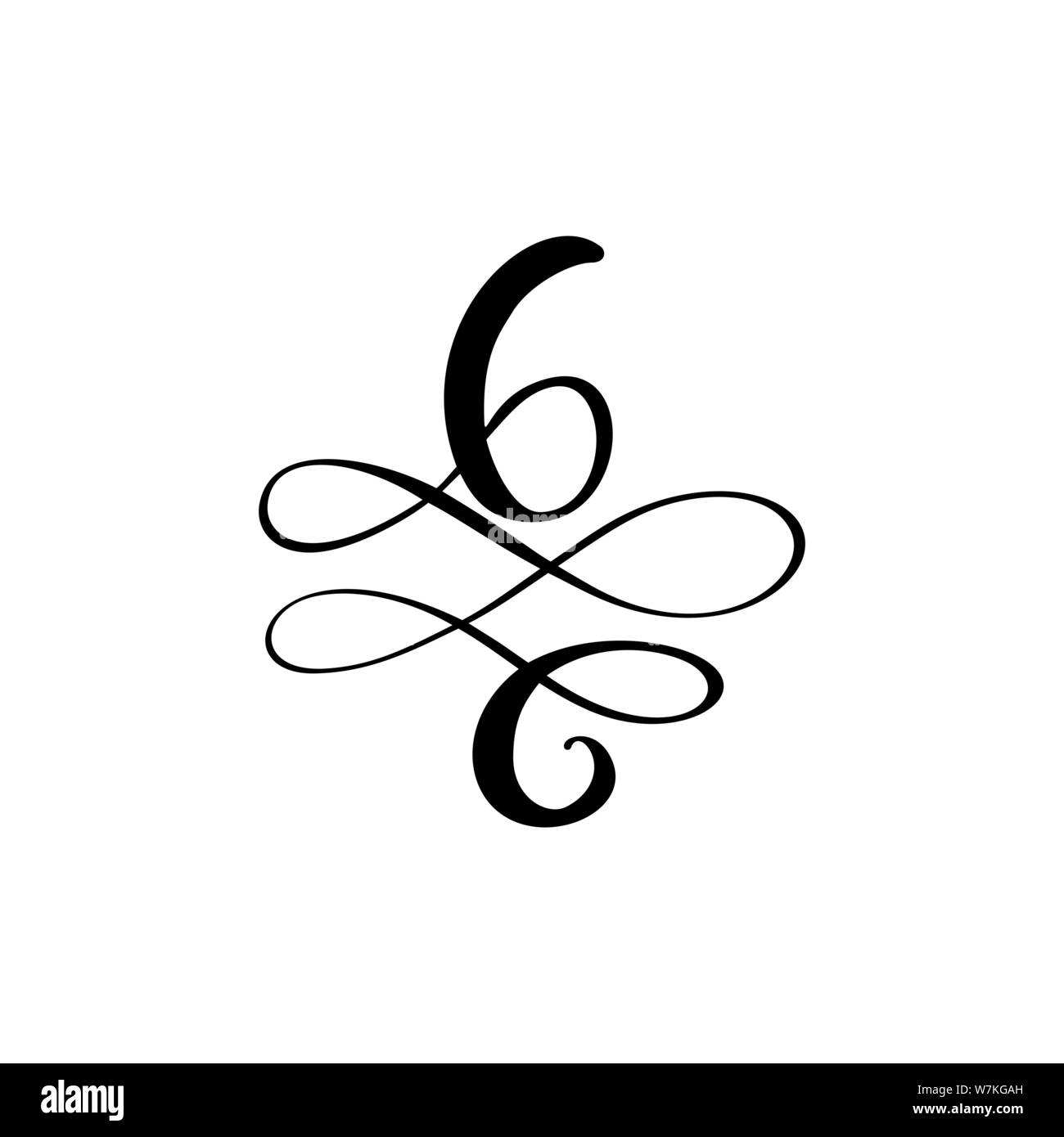 Vector Hand Drawn calligraphic floral number 6 monogram or logo. Hand Lettering numeral Six with swirls and curl. Wedding Floral Design Stock Vector