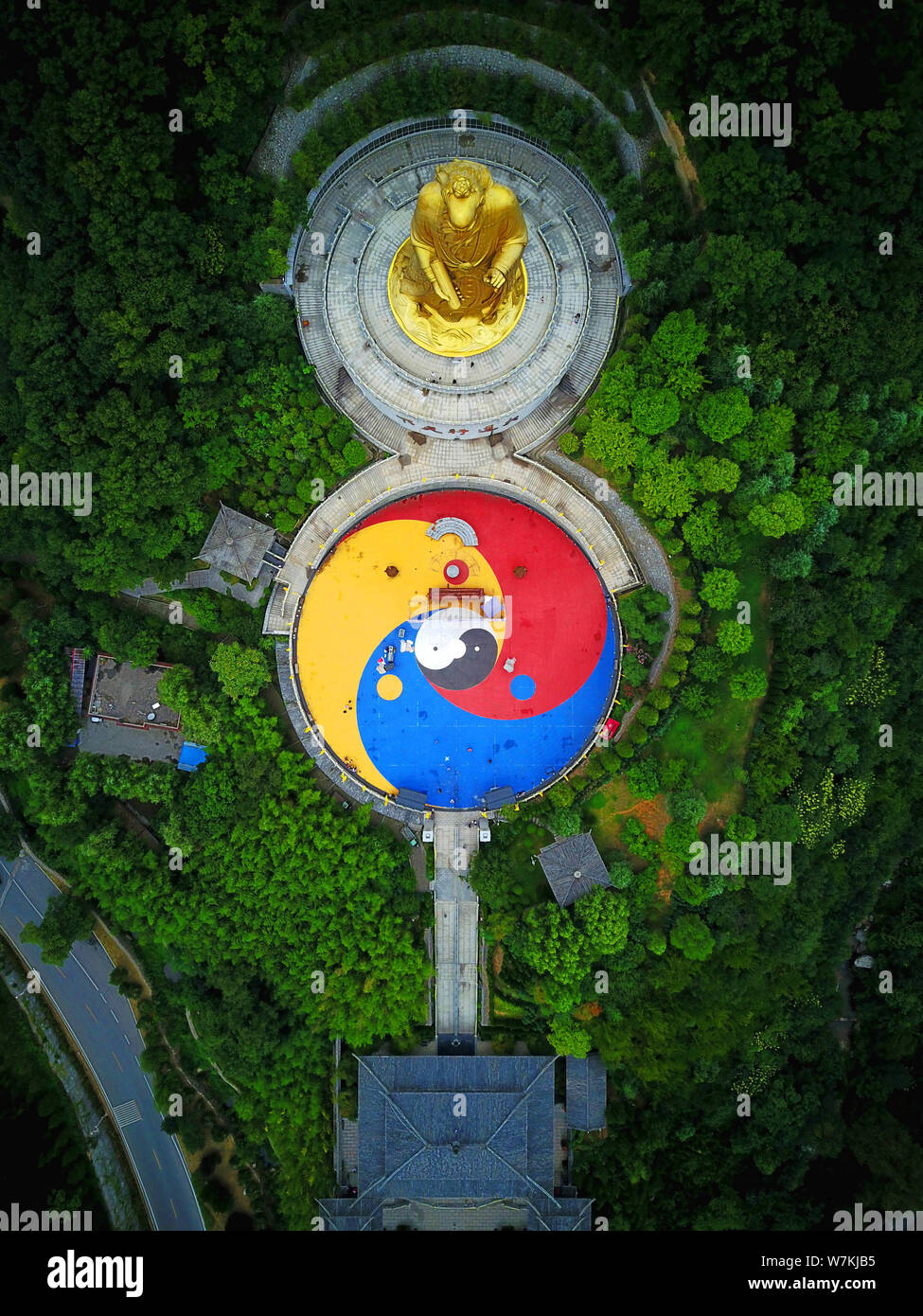 Aerial view of the statue of Lao-Tzu, also called Laozi or Lao-Tze, an ancient Chinese philosopher and the founder of Taoism, at the Laojun Mountain i Stock Photo