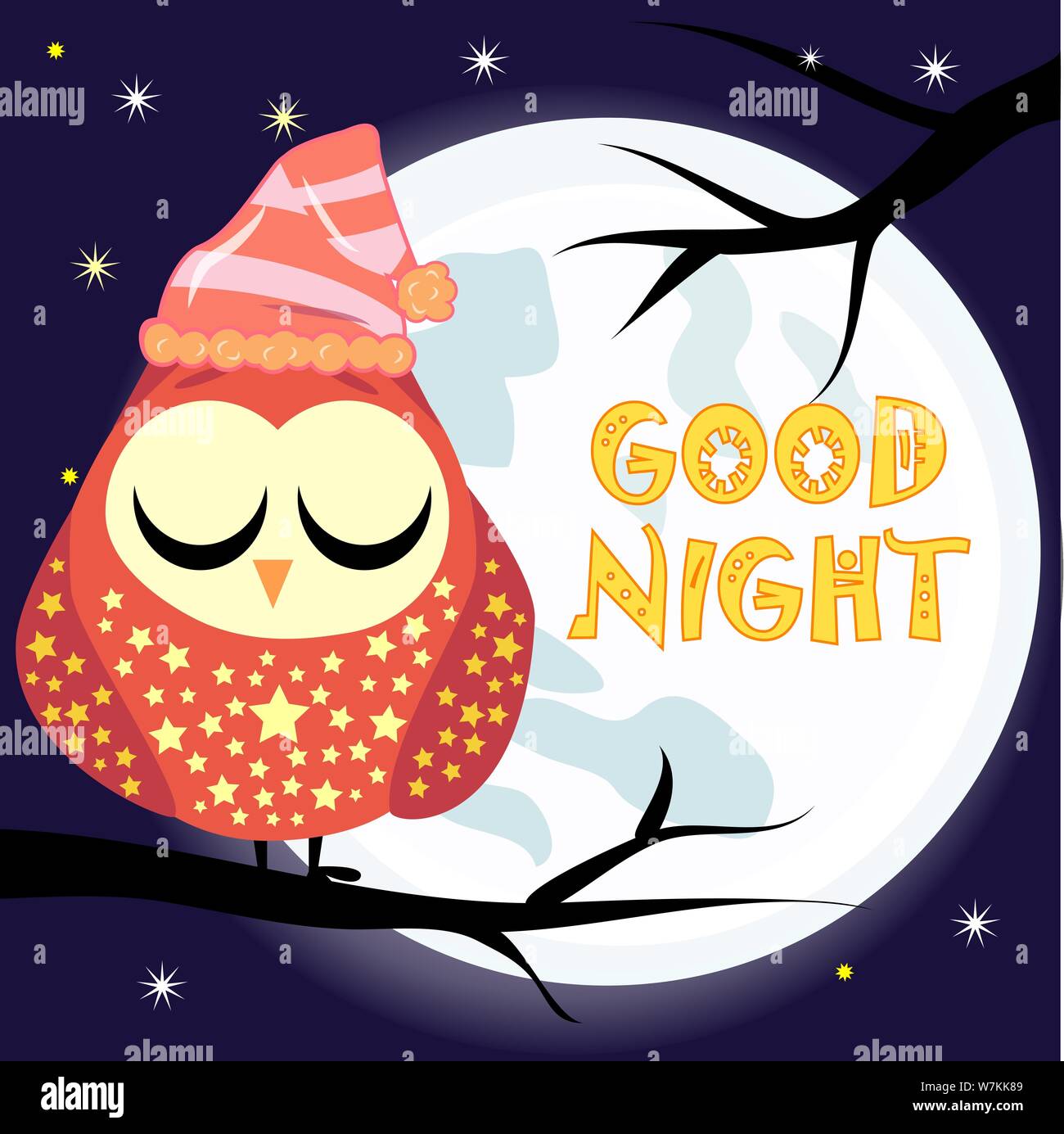 Good night card with full moon and cute owl Stock Vector Image ...