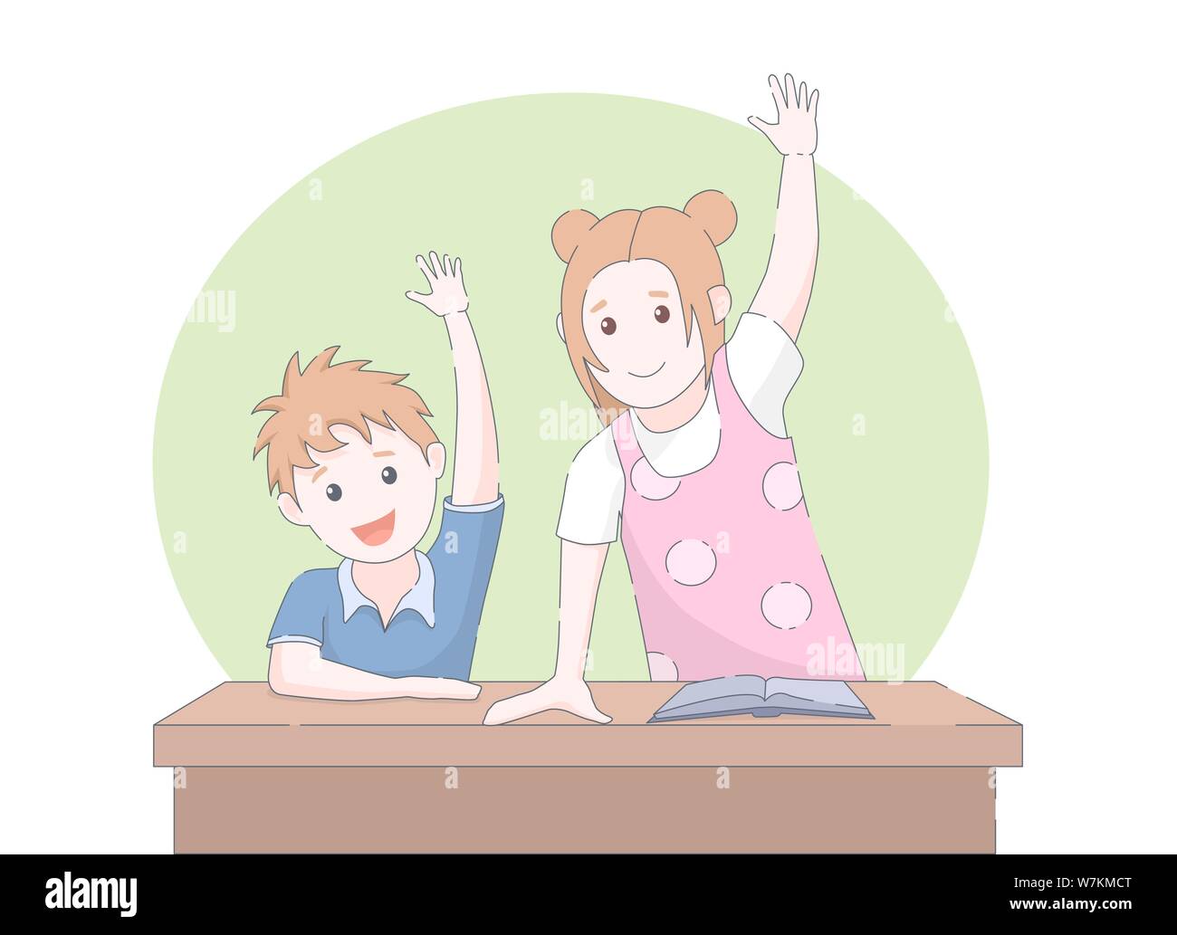 Two smiling young school children arms raised in class. Vector illustration. Stock Vector