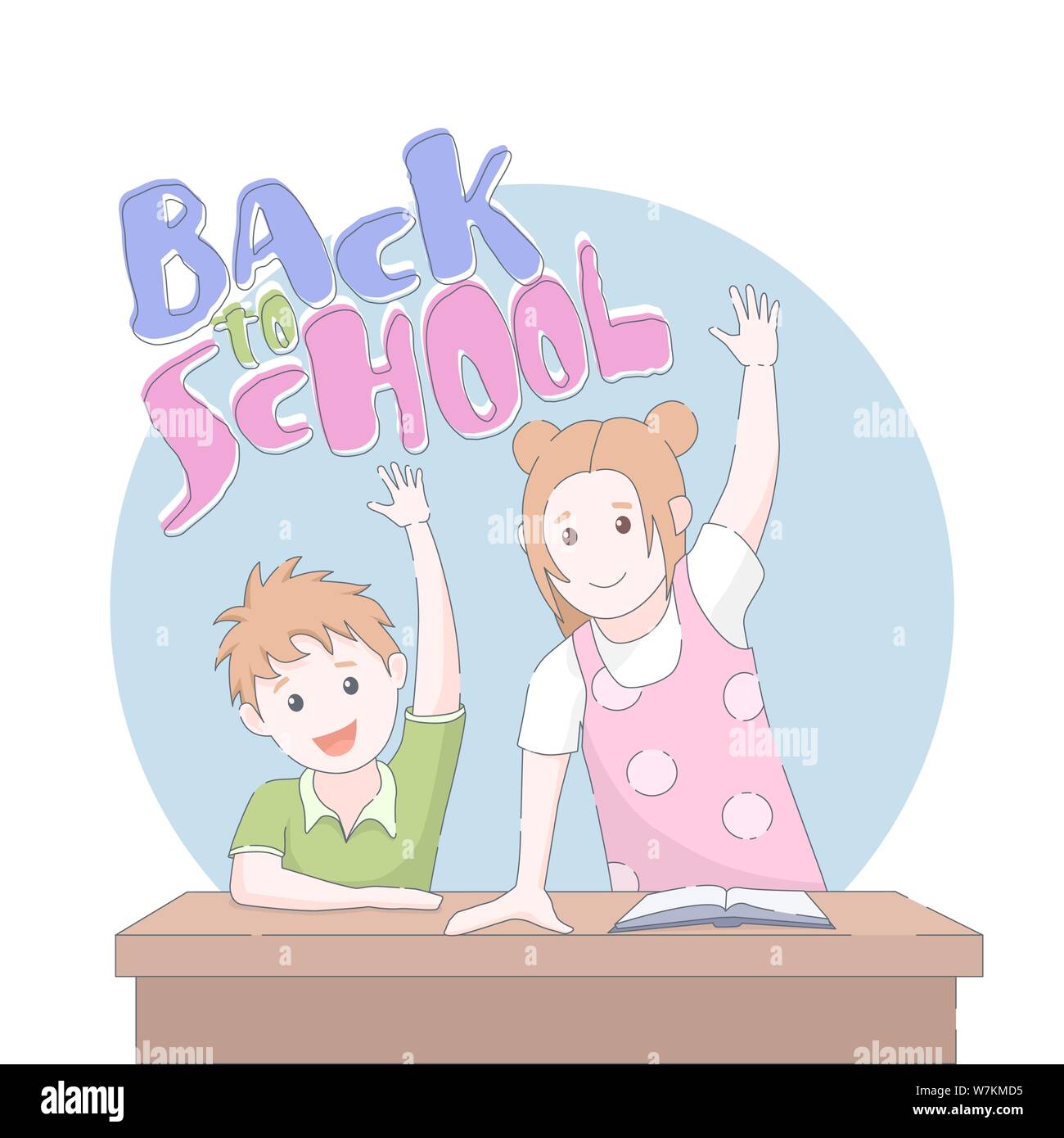 Two smiling young school children arms raised in class. Vector illustration. Stock Vector