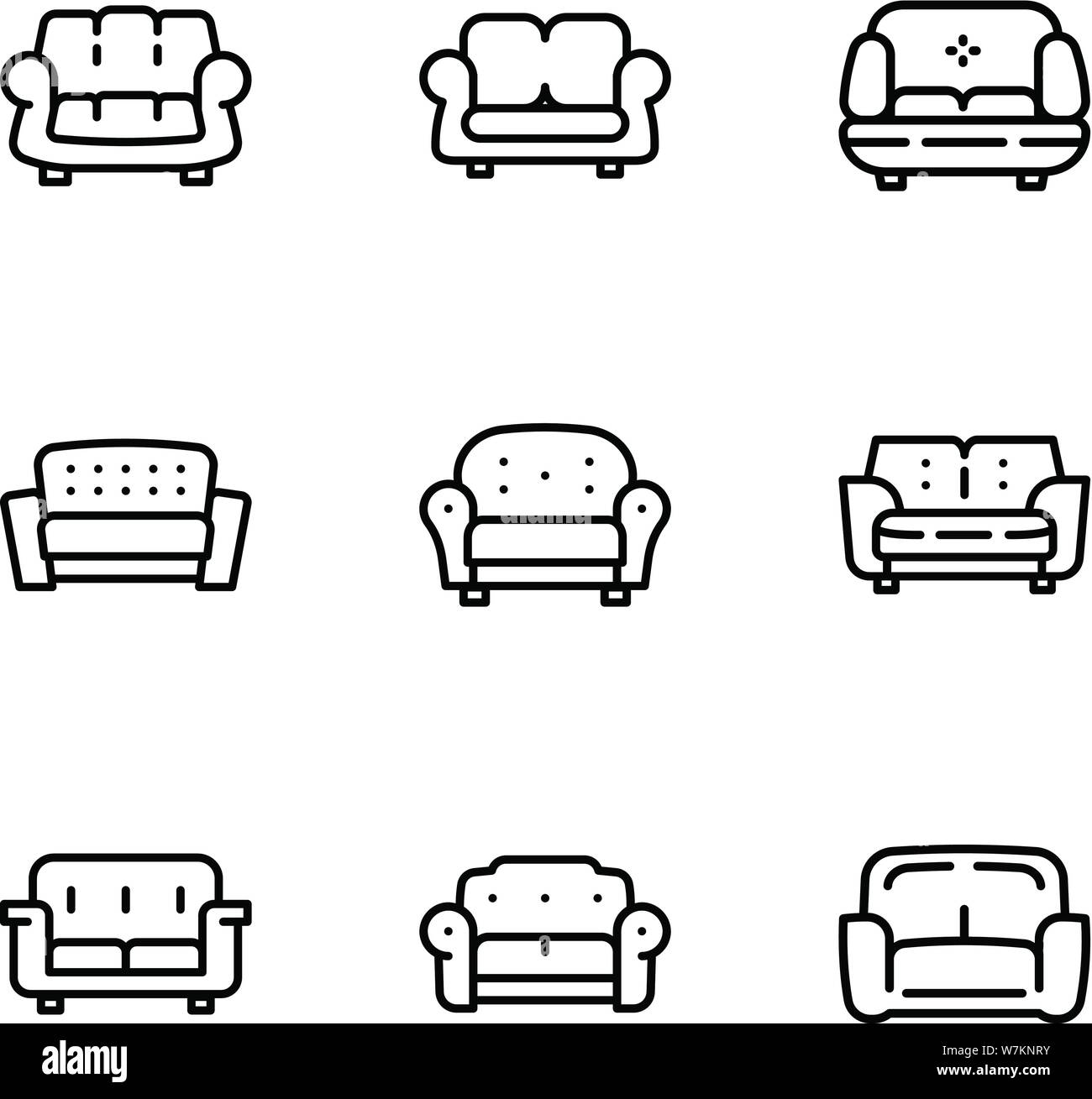 Classic sofa icon set. Outline set of 9 classic sofa vector icons for ...