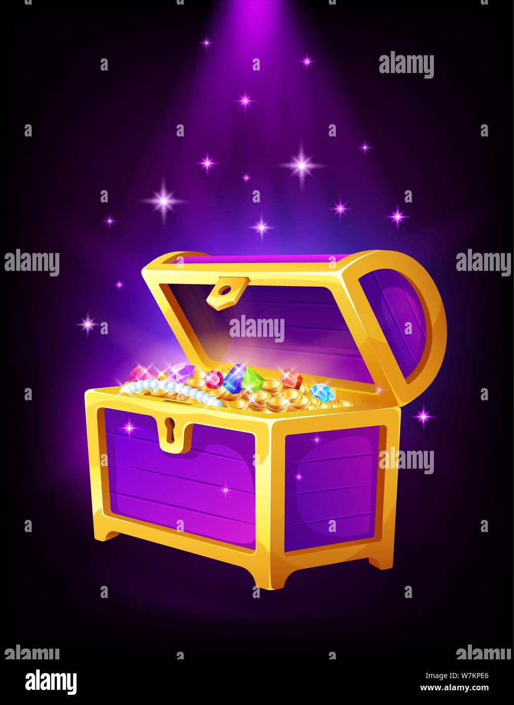 Open purple chest with golden coins and jewelry inside Stock Vector