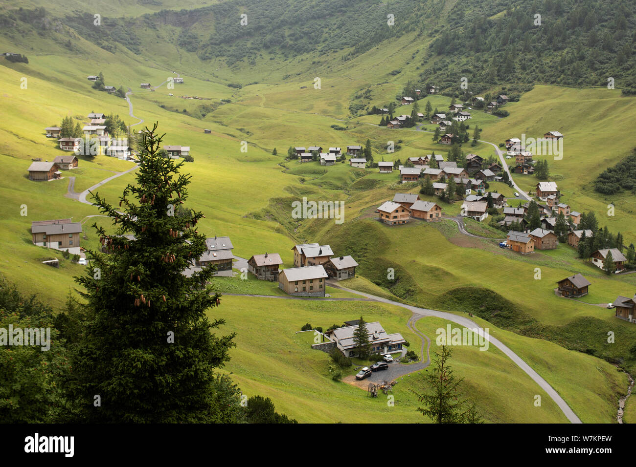 The town of Malbun, Liechtenstein, and the surrounding valley in the Alps near the Austrian border, viewed from the Sareis gondola. Stock Photo
