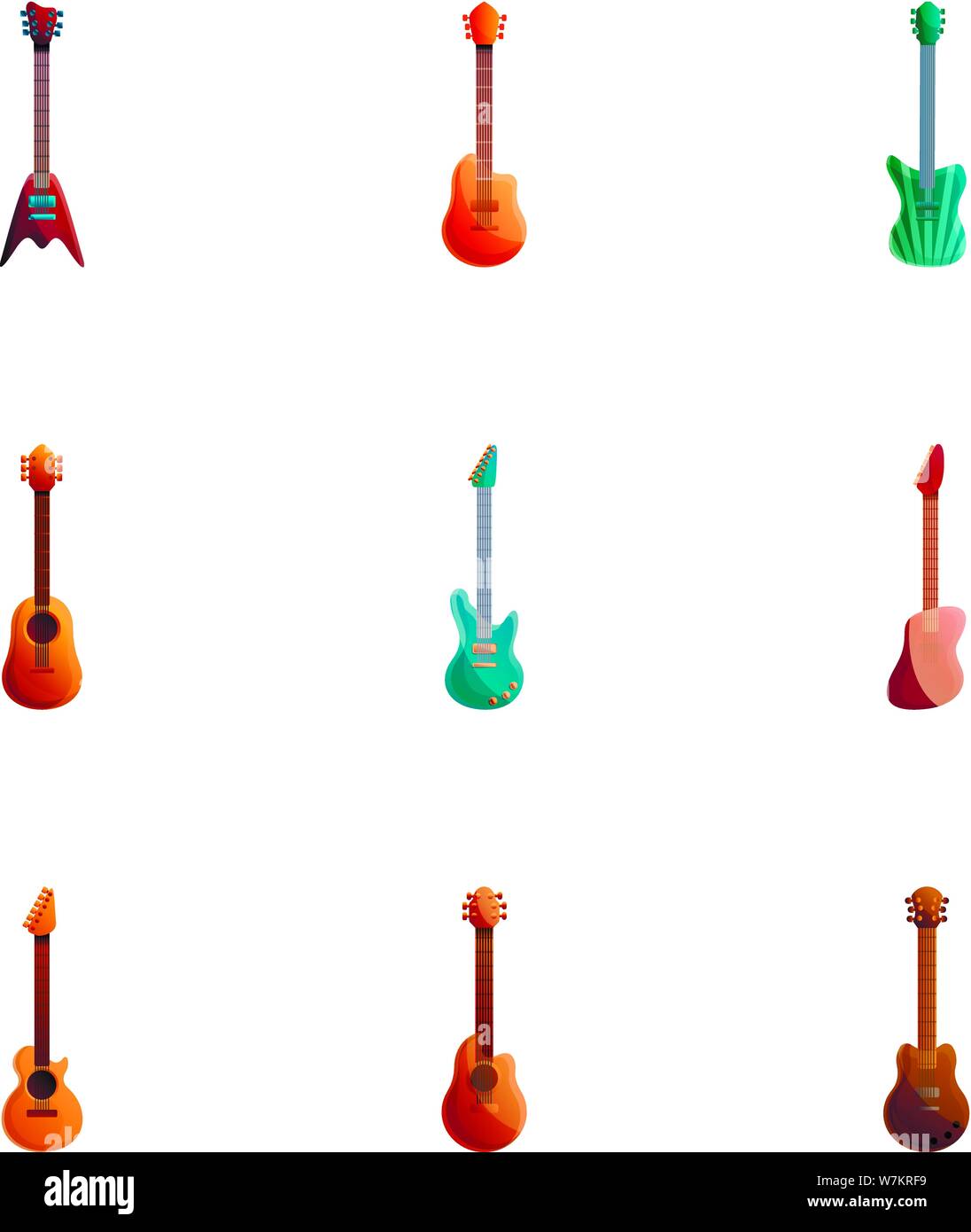 Rock guitar icon set. Cartoon set of 9 rock guitar vector icons for web design isolated on white background Stock Vector