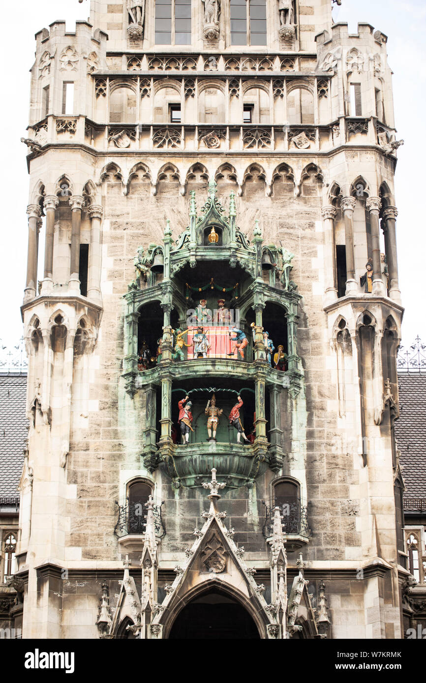 The famous glockenspiel chimes daily at the New Town Hall on the Marienplatz in Munich, Germany. Stock Photo
