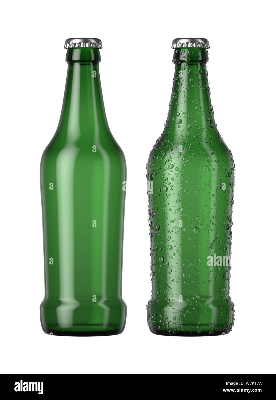 A plain green glass beer bottle next to another with droplets of